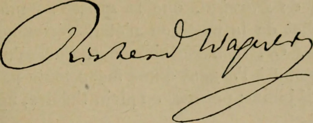 An illustration from Richard Wagner en caricatures : 130 reproductions de caricatures françaises, allemandes, anglaises, italiennes, portraits : autographes (lettre et musique) dessins originaux de J. Blass, Moloch et Tiret-Bognet, 1892, leaf 46