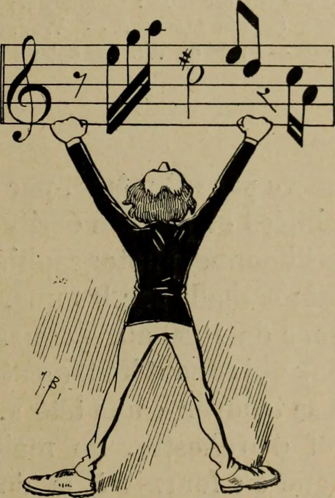 An illustration from Richard Wagner en caricatures : 130 reproductions de caricatures françaises, allemandes, anglaises, italiennes, portraits : autographes (lettre et musique) dessins originaux de J. Blass, Moloch et Tiret-Bognet, 1892, leaf 52
