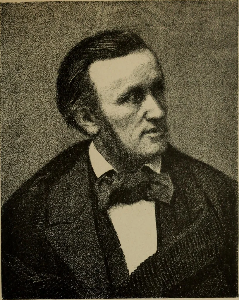 An illustration from Richard Wagner en caricatures : 130 reproductions de caricatures françaises, allemandes, anglaises, italiennes, portraits : autographes (lettre et musique) dessins originaux de J. Blass, Moloch et Tiret-Bognet, 1892, leaf 56