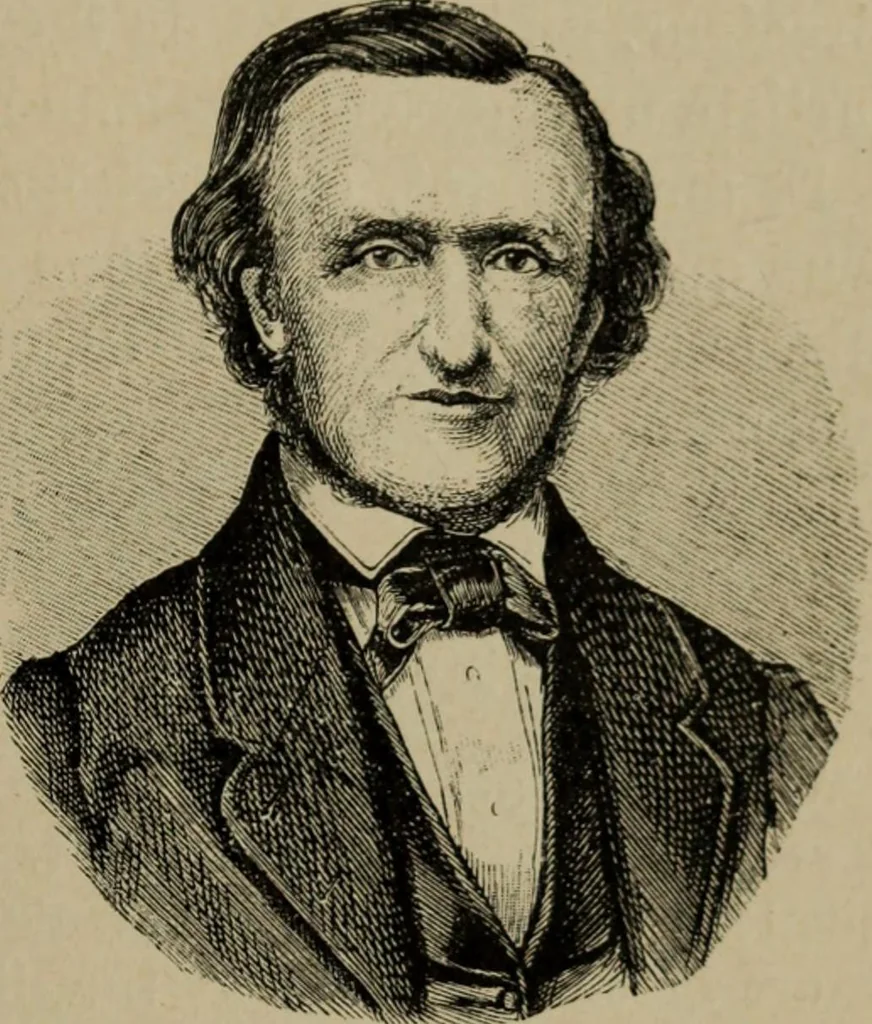 An illustration from Richard Wagner en caricatures : 130 reproductions de caricatures françaises, allemandes, anglaises, italiennes, portraits : autographes (lettre et musique) dessins originaux de J. Blass, Moloch et Tiret-Bognet, 1892, leaf 58
