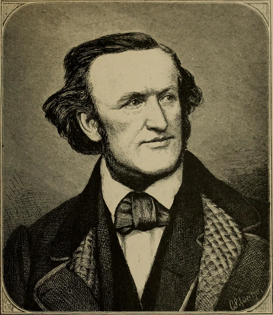 An illustration from Richard Wagner en caricatures : 130 reproductions de caricatures françaises, allemandes, anglaises, italiennes, portraits : autographes (lettre et musique) dessins originaux de J. Blass, Moloch et Tiret-Bognet, 1892, leaf 60
