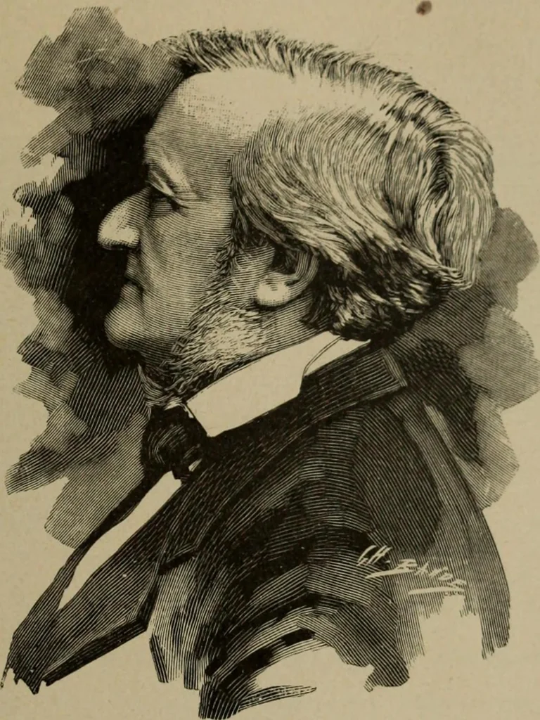 An illustration from Richard Wagner en caricatures : 130 reproductions de caricatures françaises, allemandes, anglaises, italiennes, portraits : autographes (lettre et musique) dessins originaux de J. Blass, Moloch et Tiret-Bognet, 1892, leaf 68