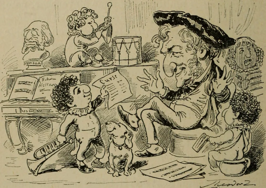 An illustration from Richard Wagner en caricatures : 130 reproductions de caricatures françaises, allemandes, anglaises, italiennes, portraits : autographes (lettre et musique) dessins originaux de J. Blass, Moloch et Tiret-Bognet, 1892, leaf 75