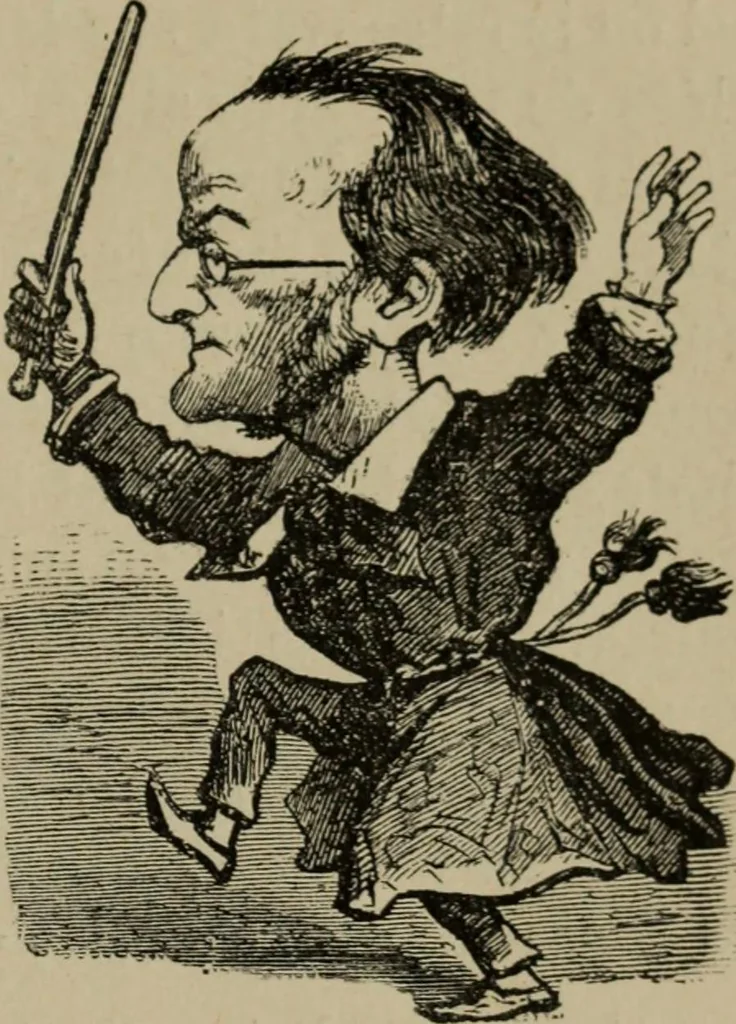 An illustration from Richard Wagner en caricatures : 130 reproductions de caricatures françaises, allemandes, anglaises, italiennes, portraits : autographes (lettre et musique) dessins originaux de J. Blass, Moloch et Tiret-Bognet, 1892, leaf 78