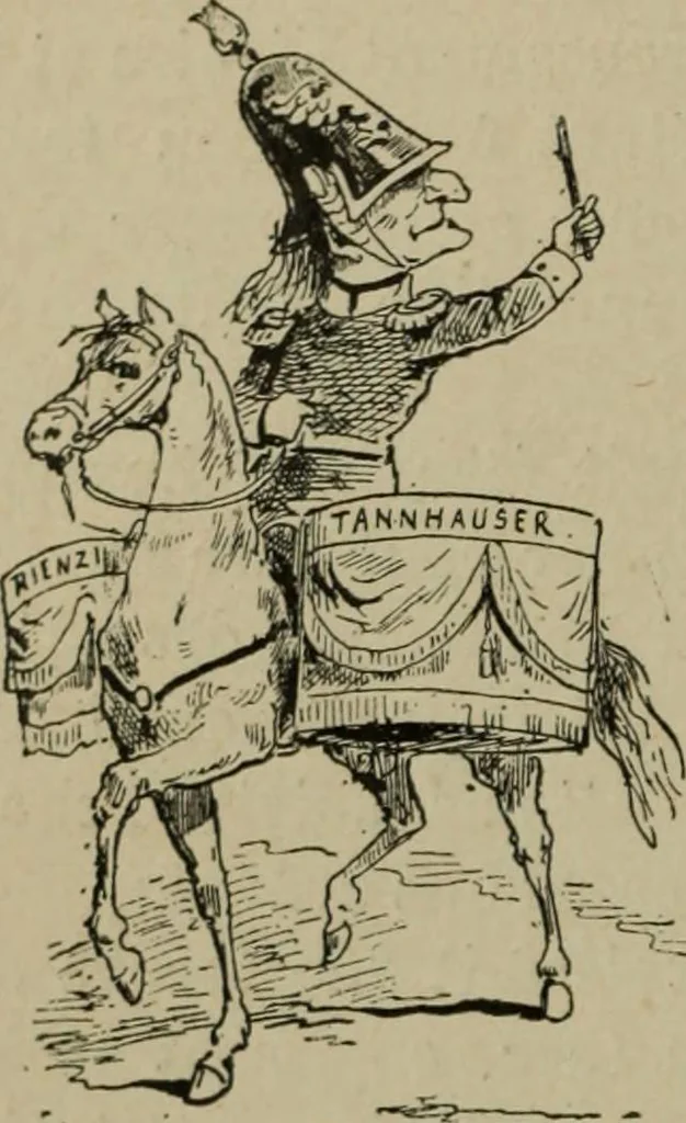 An illustration from Richard Wagner en caricatures : 130 reproductions de caricatures françaises, allemandes, anglaises, italiennes, portraits : autographes (lettre et musique) dessins originaux de J. Blass, Moloch et Tiret-Bognet, 1892, leaf 81