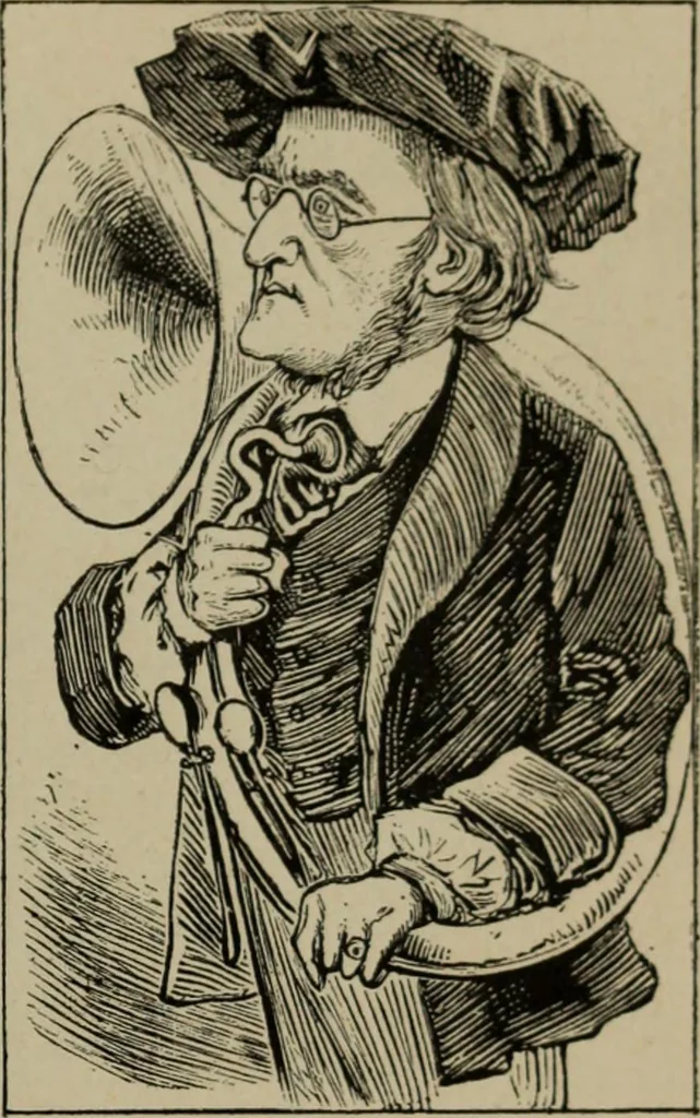 An illustration from Richard Wagner en caricatures : 130 reproductions de caricatures françaises, allemandes, anglaises, italiennes, portraits : autographes (lettre et musique) dessins originaux de J. Blass, Moloch et Tiret-Bognet, 1892, leaf 82