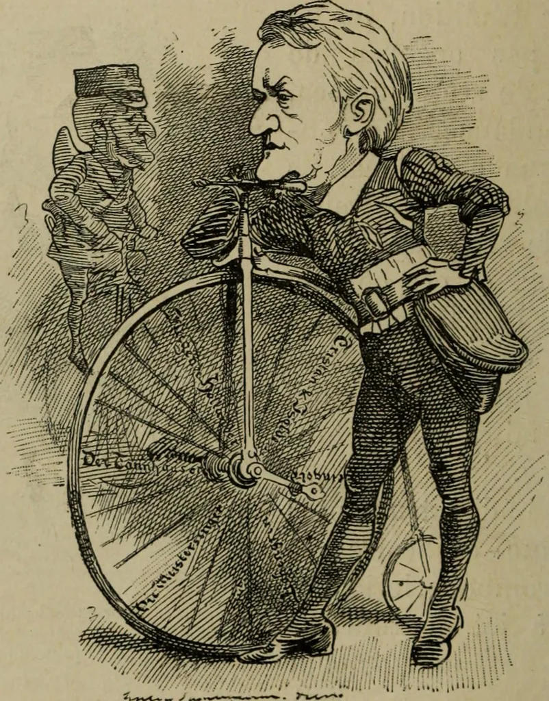 An illustration from Richard Wagner en caricatures : 130 reproductions de caricatures françaises, allemandes, anglaises, italiennes, portraits : autographes (lettre et musique) dessins originaux de J. Blass, Moloch et Tiret-Bognet, 1892, leaf 83
