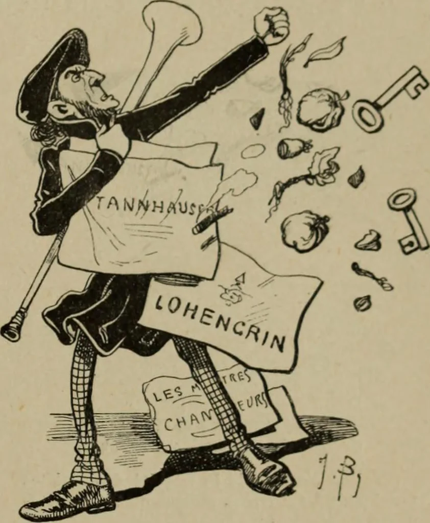 An illustration from Richard Wagner en caricatures : 130 reproductions de caricatures françaises, allemandes, anglaises, italiennes, portraits : autographes (lettre et musique) dessins originaux de J. Blass, Moloch et Tiret-Bognet, 1892, leaf 84