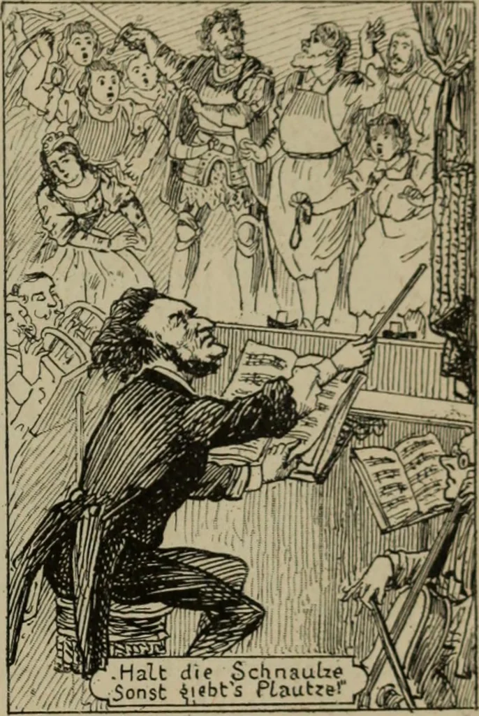 An illustration from Richard Wagner en caricatures : 130 reproductions de caricatures françaises, allemandes, anglaises, italiennes, portraits : autographes (lettre et musique) dessins originaux de J. Blass, Moloch et Tiret-Bognet, 1892, leaf 86