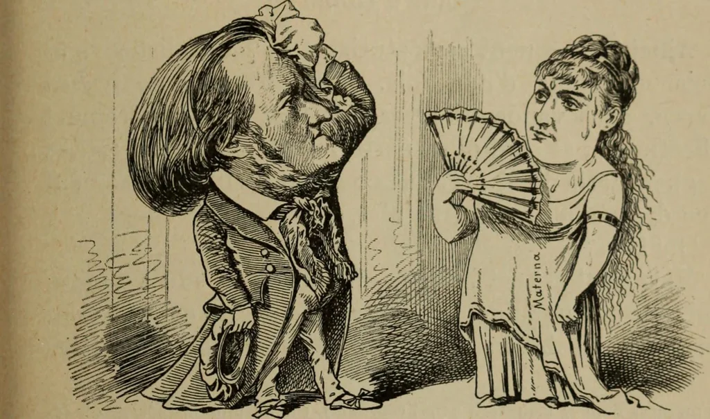 An illustration from Richard Wagner en caricatures : 130 reproductions de caricatures françaises, allemandes, anglaises, italiennes, portraits : autographes (lettre et musique) dessins originaux de J. Blass, Moloch et Tiret-Bognet, 1892, leaf 88