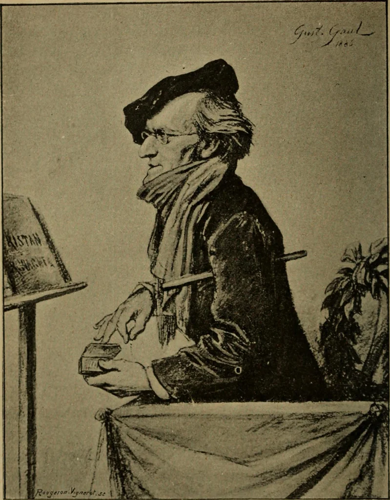 An illustration from Richard Wagner en caricatures : 130 reproductions de caricatures françaises, allemandes, anglaises, italiennes, portraits : autographes (lettre et musique) dessins originaux de J. Blass, Moloch et Tiret-Bognet, 1892, leaf 9