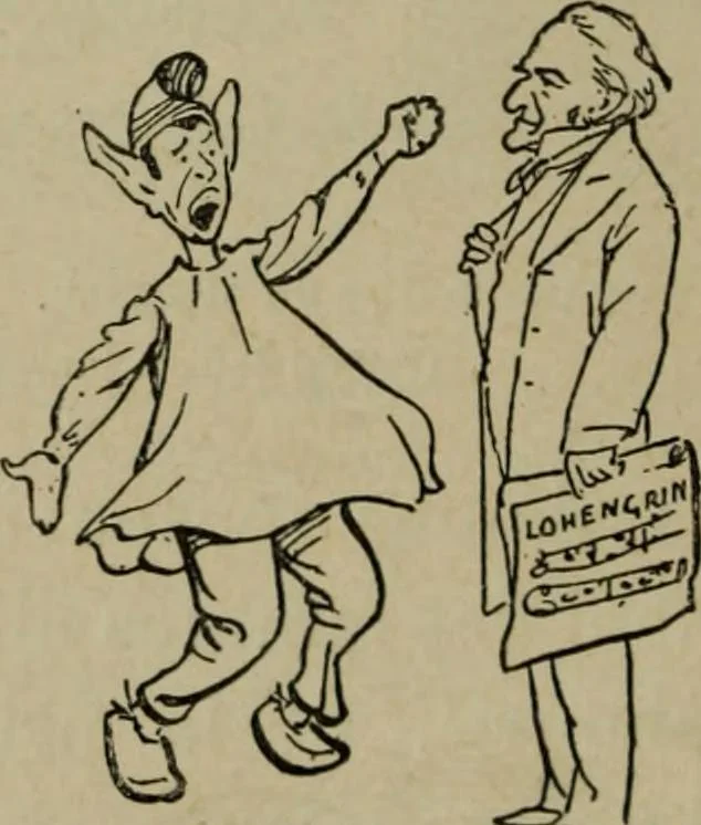 An illustration from Richard Wagner en caricatures : 130 reproductions de caricatures françaises, allemandes, anglaises, italiennes, portraits : autographes (lettre et musique) dessins originaux de J. Blass, Moloch et Tiret-Bognet, 1892, leaf 91