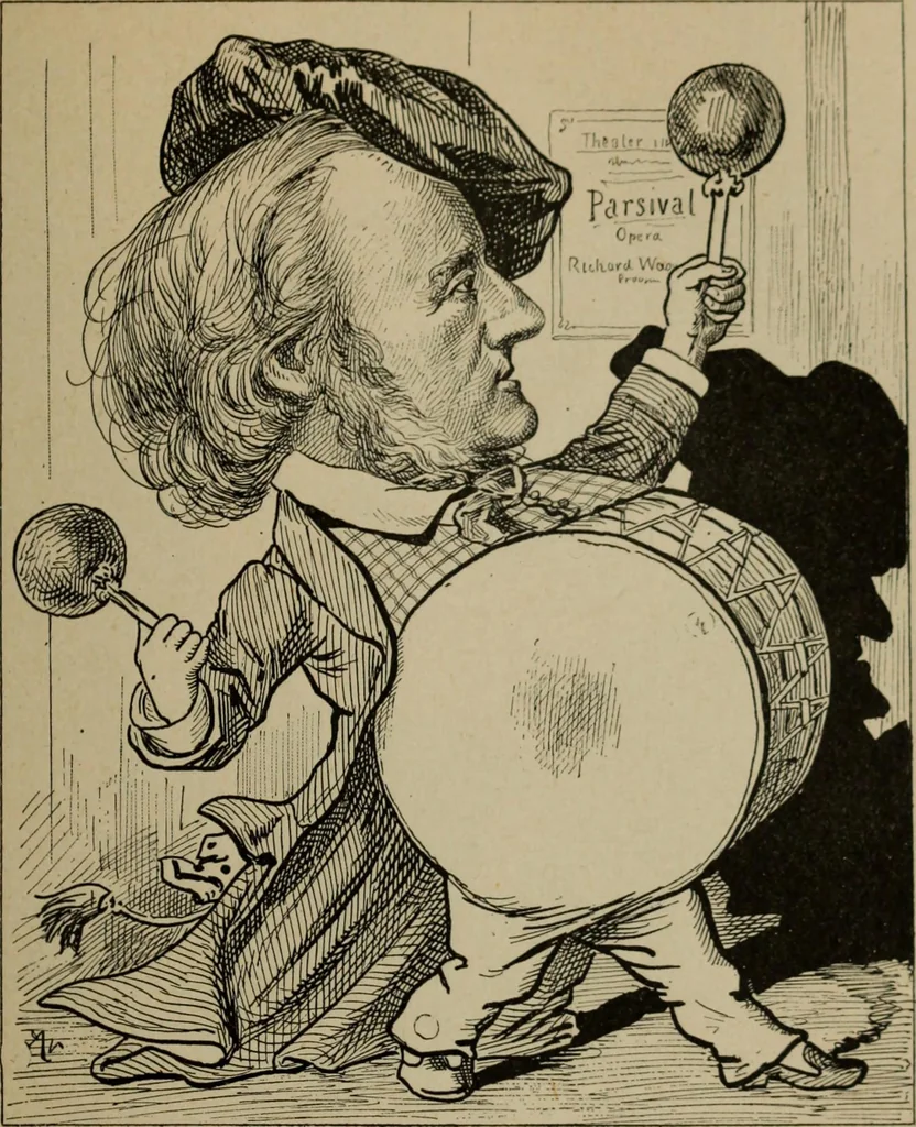 An illustration from Richard Wagner en caricatures : 130 reproductions de caricatures françaises, allemandes, anglaises, italiennes, portraits : autographes (lettre et musique) dessins originaux de J. Blass, Moloch et Tiret-Bognet, 1892, leaf 92