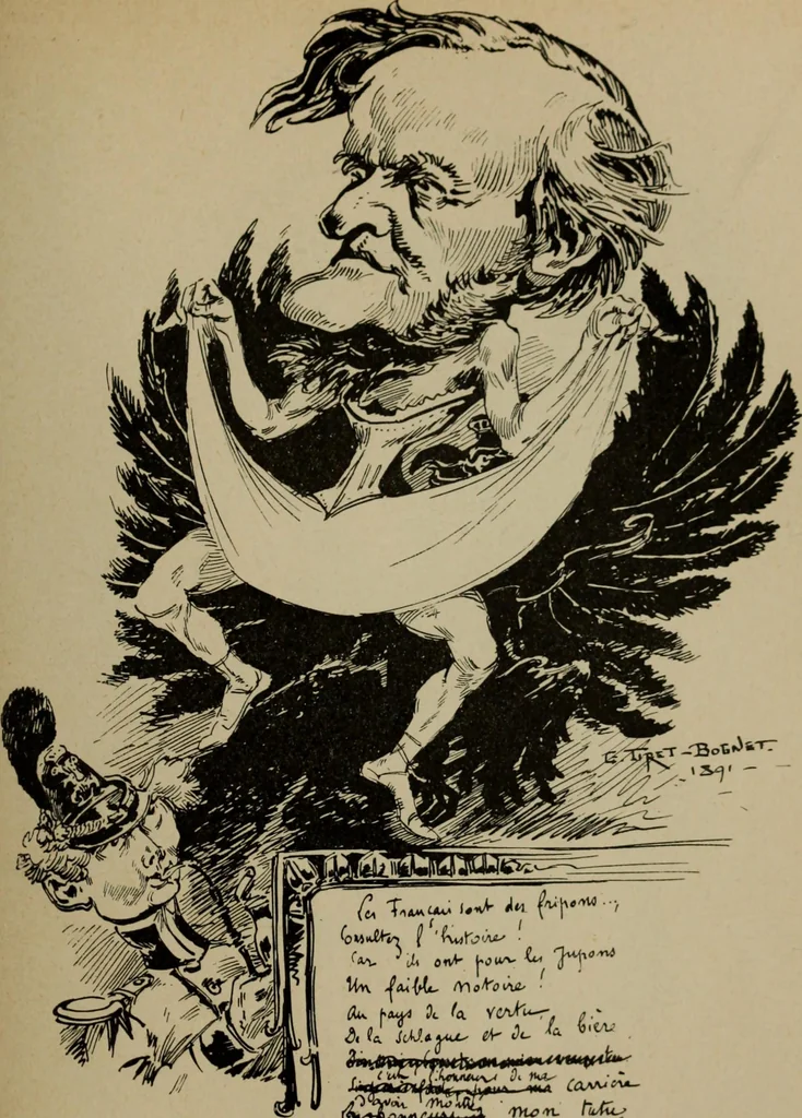 An illustration from Richard Wagner en caricatures : 130 reproductions de caricatures françaises, allemandes, anglaises, italiennes, portraits : autographes (lettre et musique) dessins originaux de J. Blass, Moloch et Tiret-Bognet, 1892, leaf 94