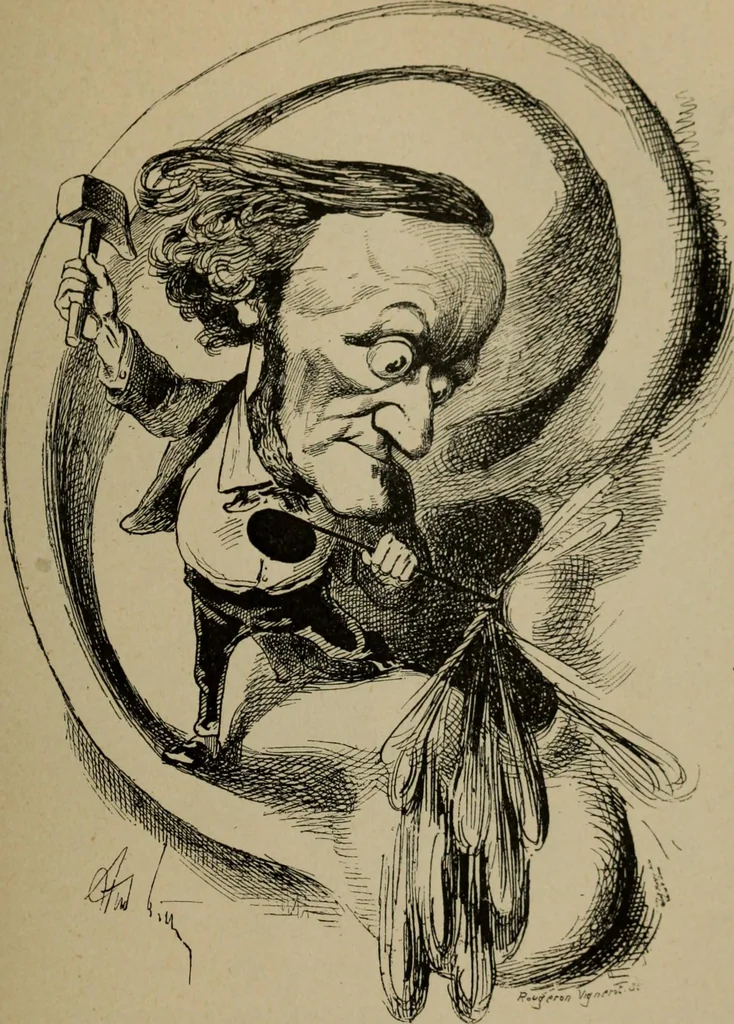 An illustration from Richard Wagner en caricatures : 130 reproductions de caricatures françaises, allemandes, anglaises, italiennes, portraits : autographes (lettre et musique) dessins originaux de J. Blass, Moloch et Tiret-Bognet, 1892, leaf 96