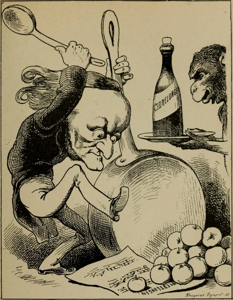 An illustration from Richard Wagner en caricatures : 130 reproductions de caricatures françaises, allemandes, anglaises, italiennes, portraits : autographes (lettre et musique) dessins originaux de J. Blass, Moloch et Tiret-Bognet, 1892, leaf 98