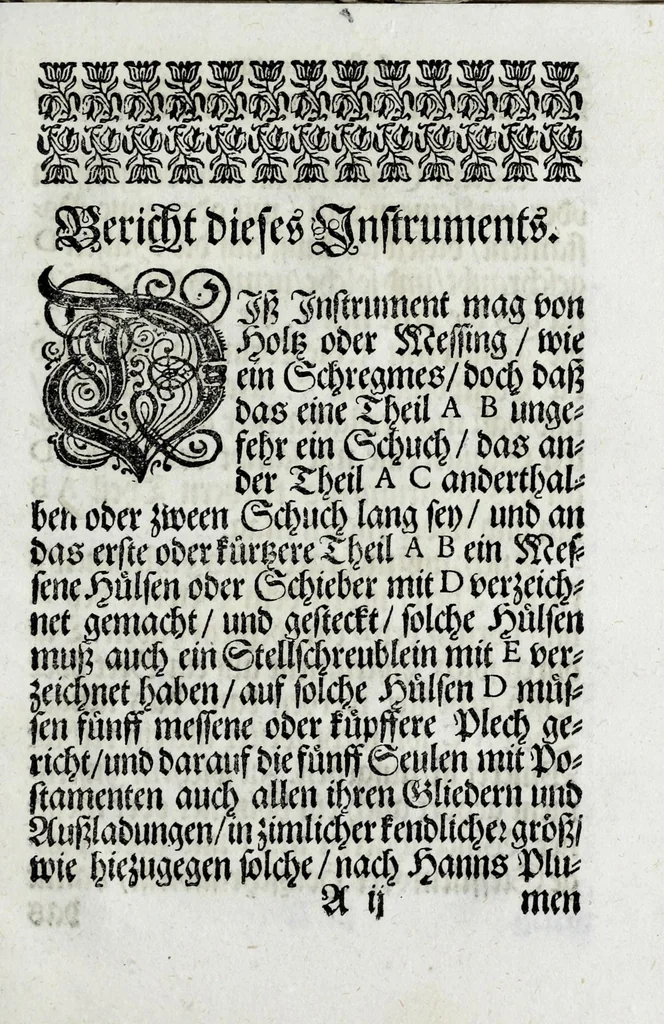 An illustration from Richtige Anweisung und Vorstellung eines sonderbahrn und nützlichen Instrument zur Architectur : damit die fünff Säulen, auch aller Sorten Stück und Mörssner : ingleichen allerley Bilder und andere Sachen mit leichter Mühe in rechter Proportion zu vergrössern oder zu verkleinern sind ..., 1673, leaf 7