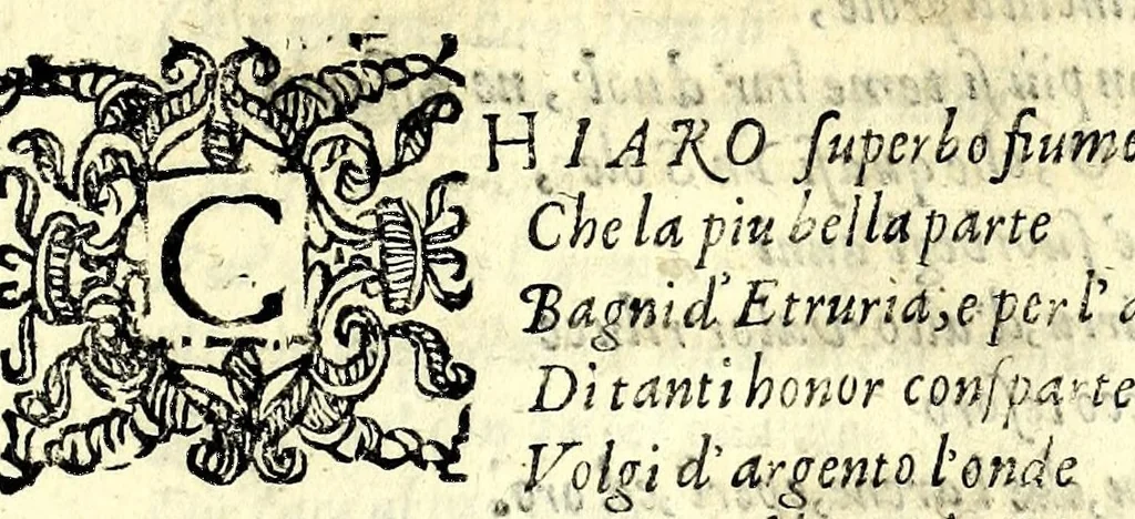 An illustration from Rime di Agnolo del Favilla nelle reali nozze de Serenissimi principi di Toscana Cosimo Medici e Maria Maddalena d'Avstria, 1608, leaf 17