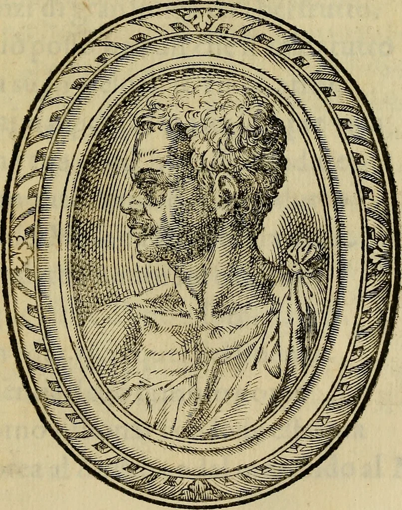 An illustration from Rime di Gio. Paolo Lomazi milanese pittore diuise in sette libri : nelle quali ad imitatione de i Grotteschi vsati da'pittori, ha cantato le lodi di Dio & de le cose sacre, di prencipi, di signori, & huomini letterati, di pittori, scoltori, & architetti : et poi studiosamente senza alcun certo ordine, e legge accoppiato insieme vari & diuersi concetti tolti da filosofi, historici, poeti, & da altri scrittori : dove si viene a dimostrare la diversità de gli studi, inclinationi, costumi, & capricci de gli huomini di qualunque stato & professione ; et però intitolate grotteschi, non solo deletteuoli per la varietà de le inuentioni, mà vtili ancora per la moralità che vi si contiene : con la vita del avttore descritta da lui stesso in rime sciolte, 1587, leaf 302
