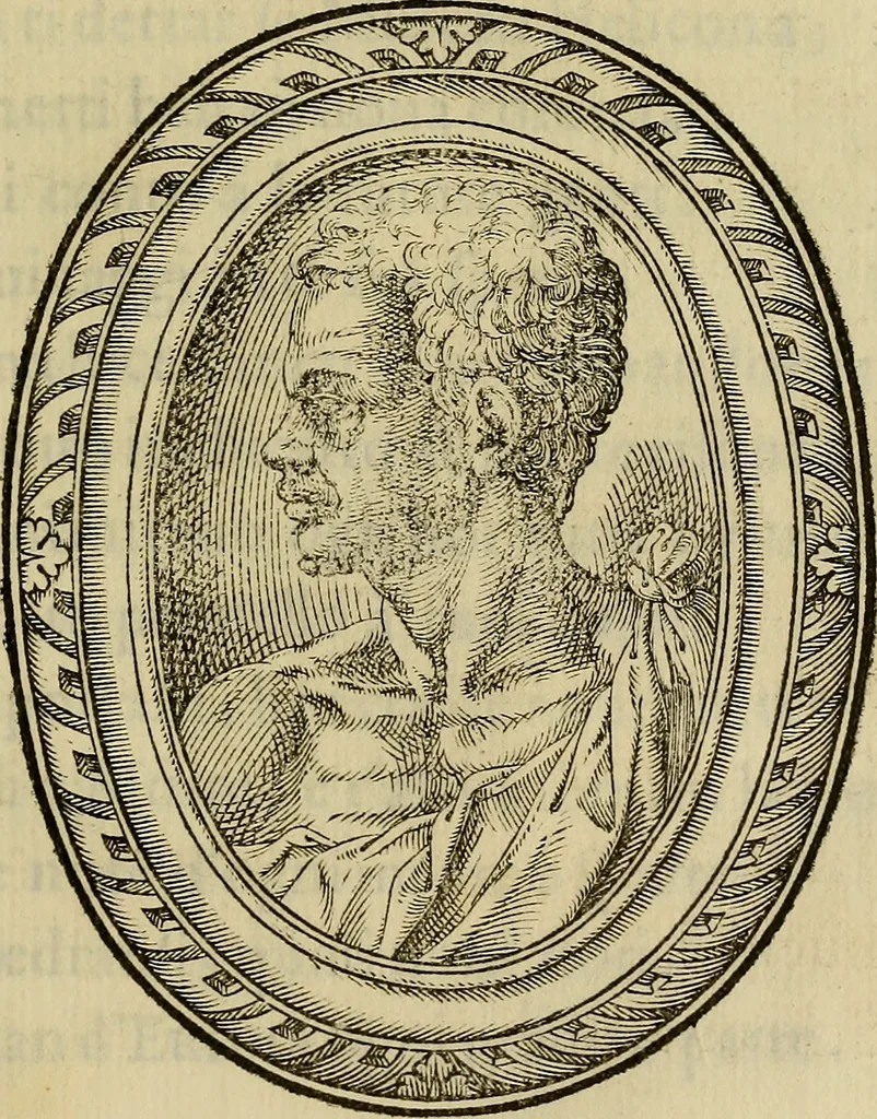 An illustration from Rime di Gio. Paolo Lomazi milanese pittore diuise in sette libri : nelle quali ad imitatione de i Grotteschi vsati da'pittori, ha cantato le lodi di Dio & de le cose sacre, di prencipi, di signori, & huomini letterati, di pittori, scoltori, & architetti : et poi studiosamente senza alcun certo ordine, e legge accoppiato insieme vari & diuersi concetti tolti da filosofi, historici, poeti, & da altri scrittori : dove si viene a dimostrare la diversità de gli studi, inclinationi, costumi, & capricci de gli huomini di qualunque stato & professione ; et però intitolate grotteschi, non solo deletteuoli per la varietà de le inuentioni, mà vtili ancora per la moralità che vi si contiene : con la vita del avttore descritta da lui stesso in rime sciolte, 1587, leaf 410
