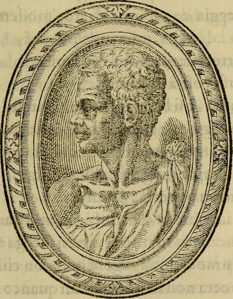 An illustration from Rime di Gio. Paolo Lomazi milanese pittore diuise in sette libri : nelle quali ad imitatione de i Grotteschi vsati da'pittori, ha cantato le lodi di Dio & de le cose sacre, di prencipi, di signori, & huomini letterati, di pittori, scoltori, & architetti : et poi studiosamente senza alcun certo ordine, e legge accoppiato insieme vari & diuersi concetti tolti da filosofi, historici, poeti, & da altri scrittori : dove si viene a dimostrare la diversità de gli studi, inclinationi, costumi, & capricci de gli huomini di qualunque stato & professione ; et però intitolate grotteschi, non solo deletteuoli per la varietà de le inuentioni, mà vtili ancora per la moralità che vi si contiene : con la vita del avttore descritta da lui stesso in rime sciolte, 1587, leaf 84