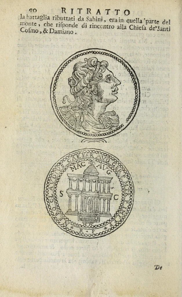 An illustration from Ritratto di Roma antica : nel quale sono figurati i principali tempij, teatri, anfiteatri, cerchi, naumachie, archi trionfali, curie, basiliche, colonne, ordine del trionfo, dignità militari, e ciuili, riti, cerimonie, medaglie, & altre cose notabili : con le vite, & effigie de primi rè di essa, e dichiarationi di Bartolomeo Marliani milanese e d'altri autori, 1633, leaf 114