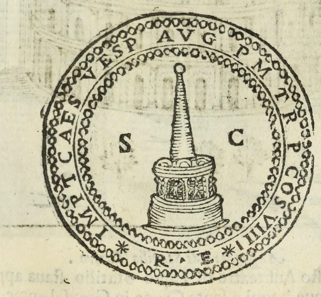 An illustration from Ritratto di Roma antica : nel quale sono figurati i principali tempij, teatri, anfiteatri, cerchi, naumachie, archi trionfali, curie, basiliche, colonne, ordine del trionfo, dignità militari, e ciuili, riti, cerimonie, medaglie, & altre cose notabili : con le vite, & effigie de primi rè di essa, e dichiarationi di Bartolomeo Marliani milanese e d'altri autori, 1633, leaf 185