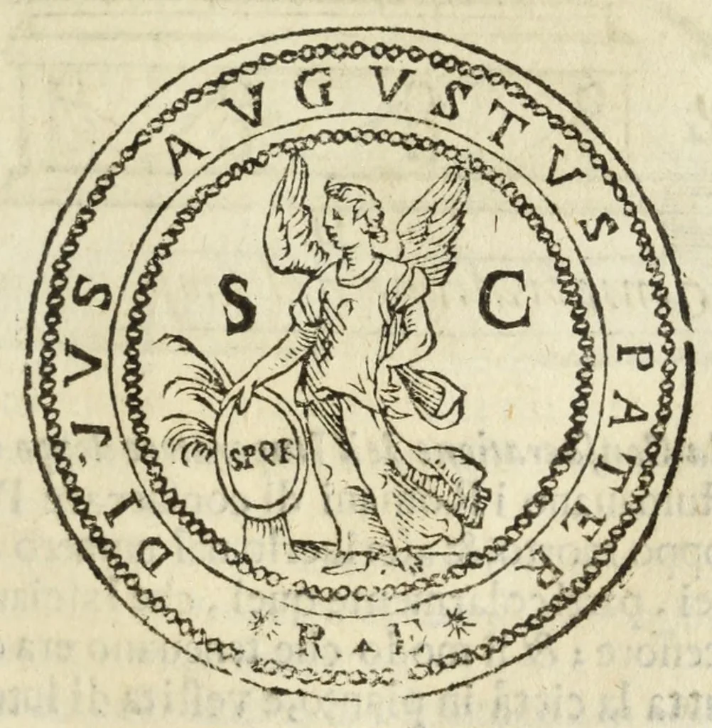 An illustration from Ritratto di Roma antica : nel quale sono figurati i principali tempij, teatri, anfiteatri, cerchi, naumachie, archi trionfali, curie, basiliche, colonne, ordine del trionfo, dignità militari, e ciuili, riti, cerimonie, medaglie, & altre cose notabili : con le vite, & effigie de primi rè di essa, e dichiarationi di Bartolomeo Marliani milanese e d'altri autori, 1633, leaf 223