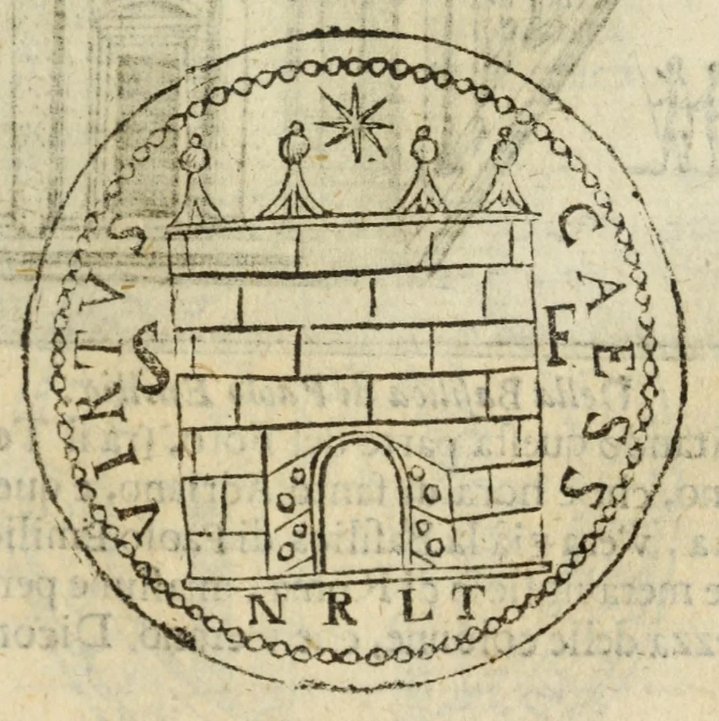 An illustration from Ritratto di Roma antica : nel quale sono figurati i principali tempij, teatri, anfiteatri, cerchi, naumachie, archi trionfali, curie, basiliche, colonne, ordine del trionfo, dignità militari, e ciuili, riti, cerimonie, medaglie, & altre cose notabili : con le vite, & effigie de primi rè di essa, e dichiarationi di Bartolomeo Marliani milanese e d'altri autori, 1633, leaf 285