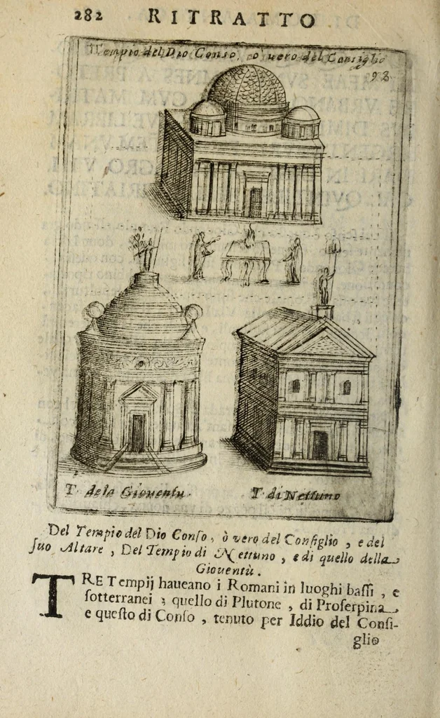 An illustration from Ritratto di Roma antica : nel quale sono figurati i principali tempij, teatri, anfiteatri, cerchi, naumachie, archi trionfali, curie, basiliche, colonne, ordine del trionfo, dignità militari, e ciuili, riti, cerimonie, medaglie, & altre cose notabili : con le vite, & effigie de primi rè di essa, e dichiarationi di Bartolomeo Marliani milanese e d'altri autori, 1633, leaf 306