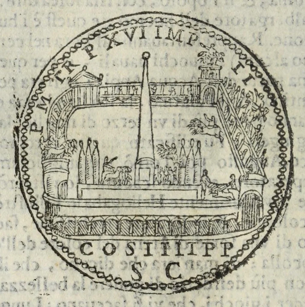 An illustration from Ritratto di Roma antica : nel quale sono figurati i principali tempij, teatri, anfiteatri, cerchi, naumachie, archi trionfali, curie, basiliche, colonne, ordine del trionfo, dignità militari, e ciuili, riti, cerimonie, medaglie, & altre cose notabili : con le vite, & effigie de primi rè di essa, e dichiarationi di Bartolomeo Marliani milanese e d'altri autori, 1633, leaf 352