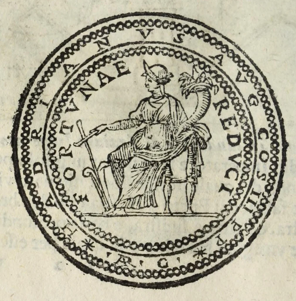 An illustration from Ritratto di Roma antica : nel quale sono figurati i principali tempij, teatri, anfiteatri, cerchi, naumachie, archi trionfali, curie, basiliche, colonne, ordine del trionfo, dignità militari, e ciuili, riti, cerimonie, medaglie, & altre cose notabili : con le vite, & effigie de primi rè di essa, e dichiarationi di Bartolomeo Marliani milanese e d'altri autori, 1633, leaf 364