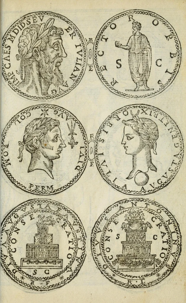 An illustration from Ritratto di Roma antica : nel quale sono figurati i principali tempij, teatri, anfiteatri, cerchi, naumachie, archi trionfali, curie, basiliche, colonne, ordine del trionfo, dignità militari, e ciuili, riti, cerimonie, medaglie, & altre cose notabili : con le vite, & effigie de primi rè di essa, e dichiarationi di Bartolomeo Marliani milanese e d'altri autori, 1633, leaf 397