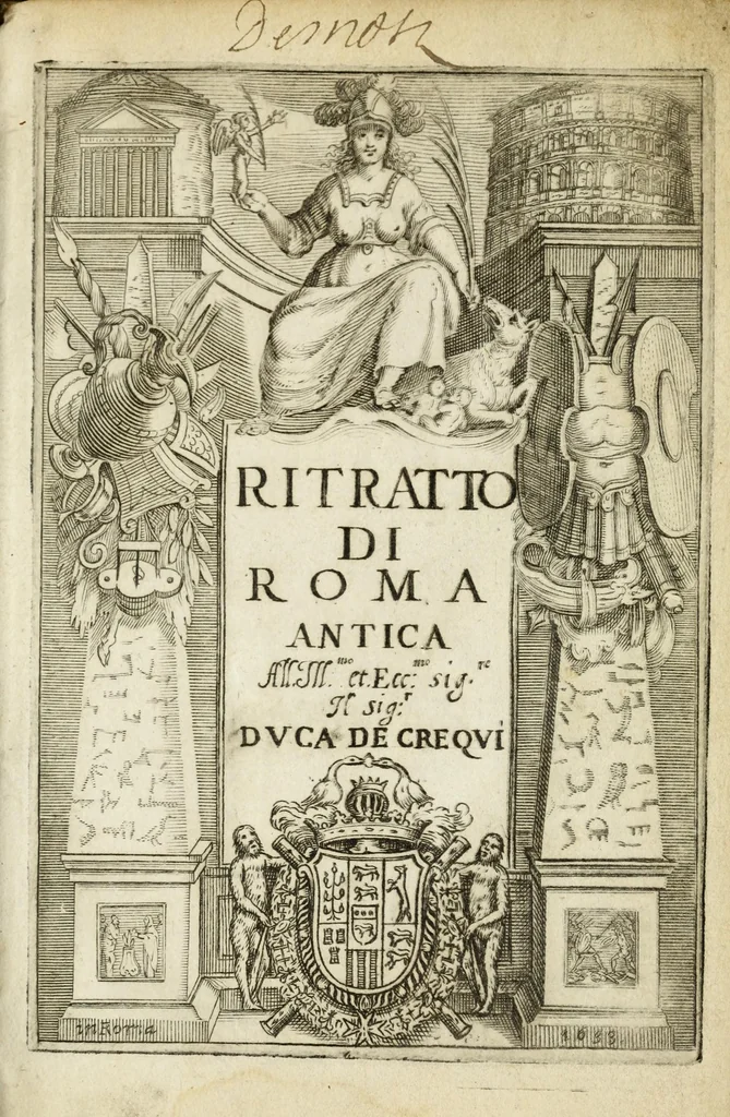An illustration from Ritratto di Roma antica : nel quale sono figurati i principali tempij, teatri, anfiteatri, cerchi, naumachie, archi trionfali, curie, basiliche, colonne, ordine del trionfo, dignità militari, e ciuili, riti, cerimonie, medaglie, & altre cose notabili : con le vite, & effigie de primi rè di essa, e dichiarationi di Bartolomeo Marliani milanese e d'altri autori, 1633, leaf 7