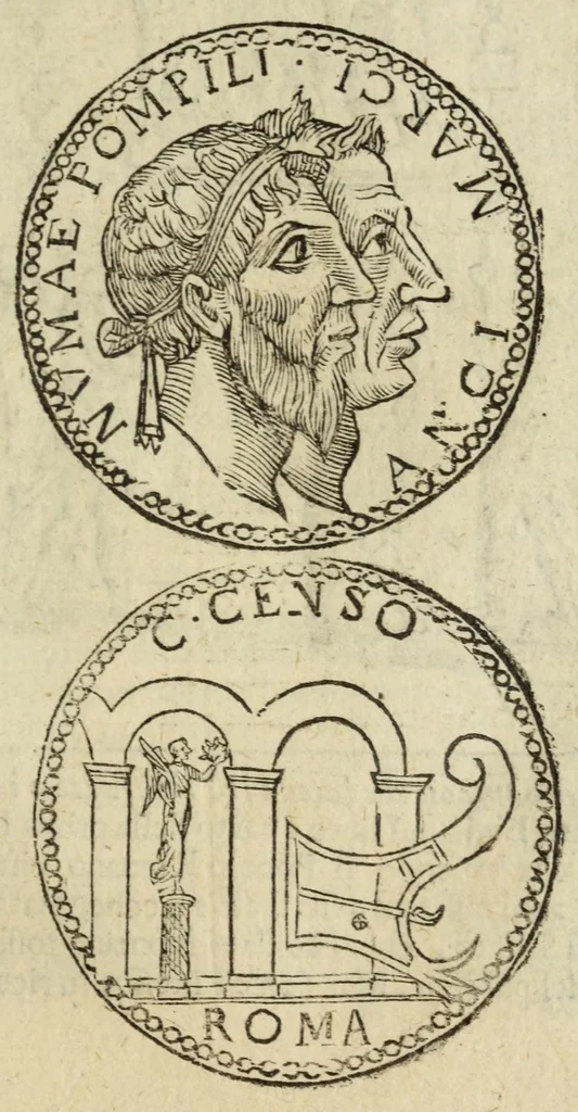 An illustration from Ritratto di Roma antica : nel quale sono figurati i principali tempij, teatri, anfiteatri, cerchi, naumachie, archi trionfali, curie, basiliche, colonne, ordine del trionfo, dignità militari, e ciuili, riti, cerimonie, medaglie, & altre cose notabili : con le vite, & effigie de primi rè di essa, e dichiarationi di Bartolomeo Marliani milanese e d'altri autori, 1633, leaf 71