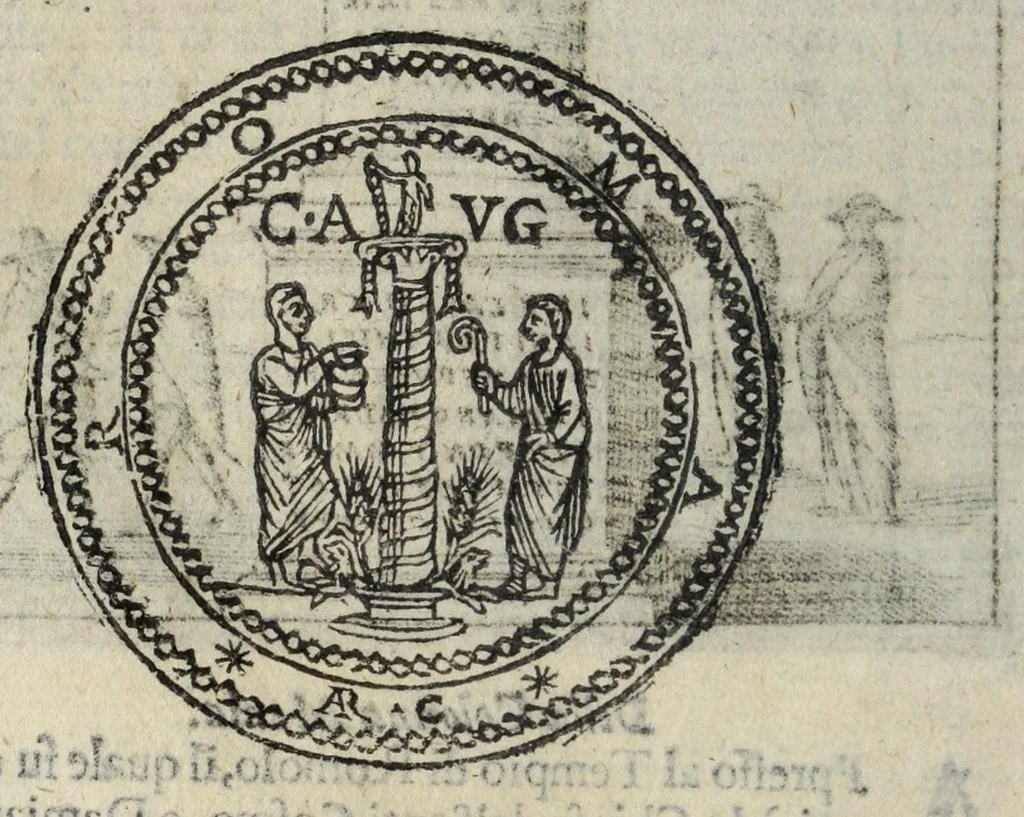 An illustration from Ritratto di Roma antica : nel quale sono figurati i principali tempij, teatri, anfiteatri, cerchi, naumachie, archi trionfali, curie, basiliche, colonne, ordine del trionfo, dignità militari, e ciuili, riti, cerimonie, medaglie, & altre cose notabili : con le vite, & effigie de primi rè di essa, e dichiarationi di Bartolomeo Marliani milanese e d'altri autori, 1633, leaf 90