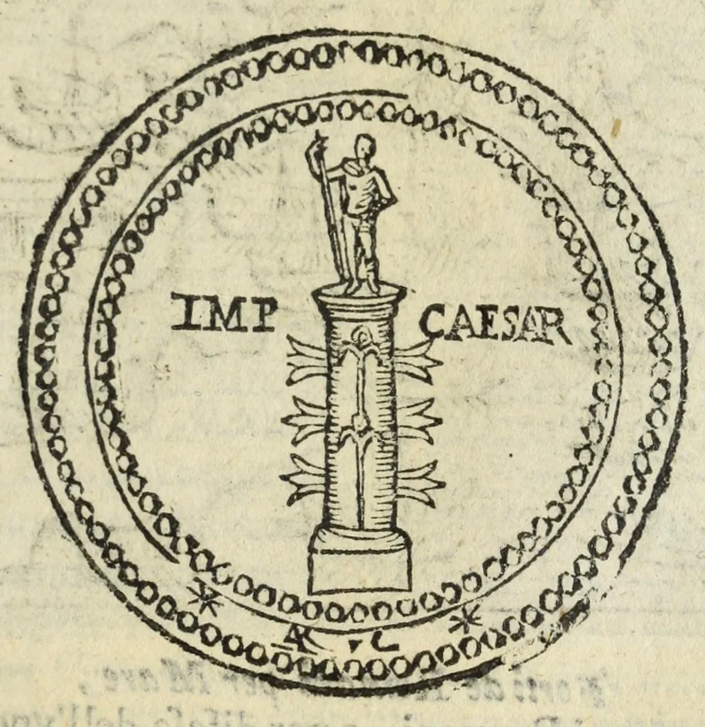 An illustration from Ritratto di Roma antica : nel quale sono figurati i principali tempij, teatri, anfiteatri, cerchi, naumachie, archi trionfali, curie, basiliche, colonne, ordine del trionfo, dignità militari, e ciuili, riti, cerimonie, medaglie, & altre cose notabili : con le vite, & effigie de primi rè di essa, e dichiarationi di Bartolomeo Marliani milanese e d'altri autori, 1633, leaf 95