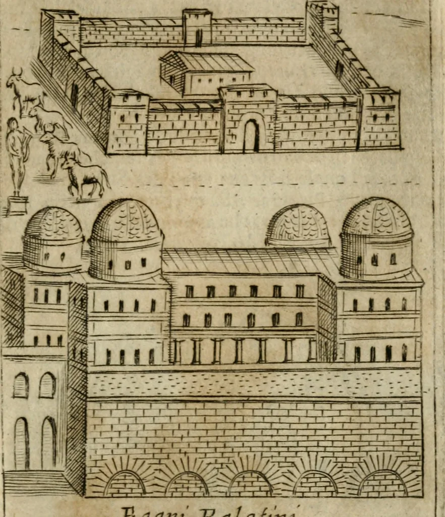 An illustration from Ritratto di Roma antica : nel qvale sono figvrati i principali tempij, theatri, anfiteatri, cerchi, naumachie, archi trionfali, curie, basiliche, colonne, ordine del trionfo, dignita militari, e ciuili, riti cerimonie, & altre cose notabili : aggiuntoui di nuouo le vite, & effigie de' primi rè di essa, e le grandezze dell'Imperio Romano, con l'esplicationi istoriche de' piu celebri antiquarij, 1654, leaf 100