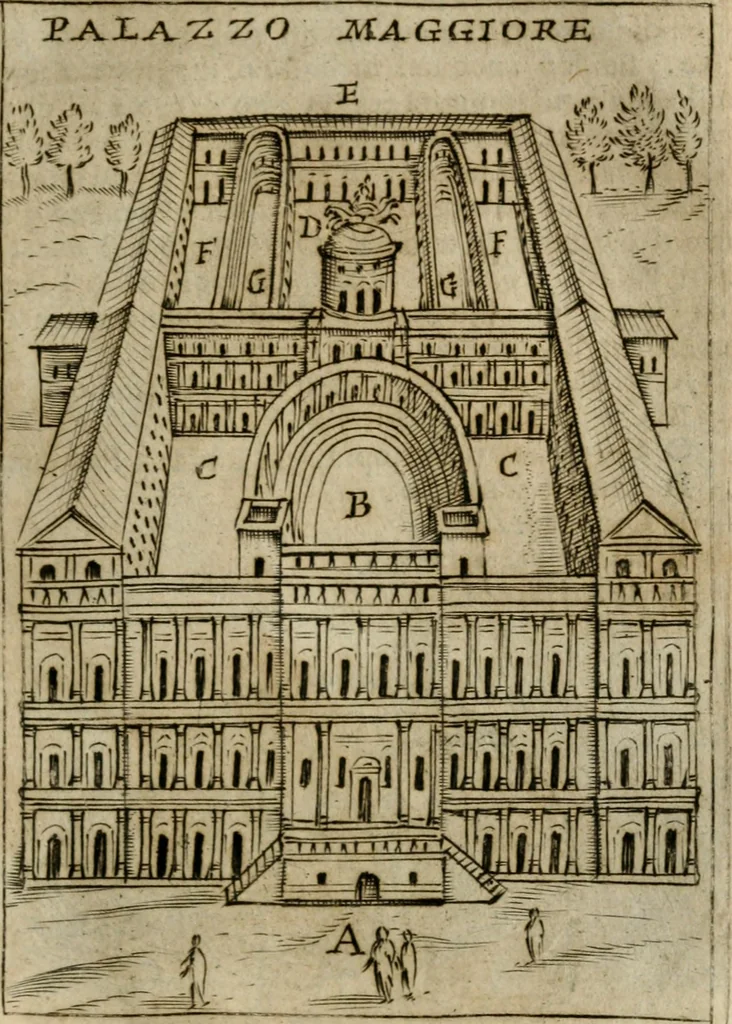 An illustration from Ritratto di Roma antica : nel qvale sono figvrati i principali tempij, theatri, anfiteatri, cerchi, naumachie, archi trionfali, curie, basiliche, colonne, ordine del trionfo, dignita militari, e ciuili, riti cerimonie, & altre cose notabili : aggiuntoui di nuouo le vite, & effigie de' primi rè di essa, e le grandezze dell'Imperio Romano, con l'esplicationi istoriche de' piu celebri antiquarij, 1654, leaf 102