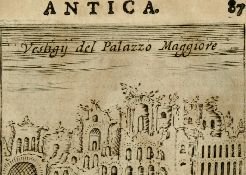 An illustration from Ritratto di Roma antica : nel qvale sono figvrati i principali tempij, theatri, anfiteatri, cerchi, naumachie, archi trionfali, curie, basiliche, colonne, ordine del trionfo, dignita militari, e ciuili, riti cerimonie, & altre cose notabili : aggiuntoui di nuouo le vite, & effigie de' primi rè di essa, e le grandezze dell'Imperio Romano, con l'esplicationi istoriche de' piu celebri antiquarij, 1654, leaf 104