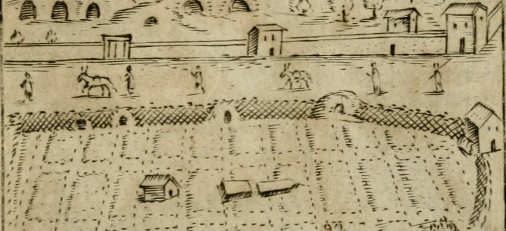 An illustration from Ritratto di Roma antica : nel qvale sono figvrati i principali tempij, theatri, anfiteatri, cerchi, naumachie, archi trionfali, curie, basiliche, colonne, ordine del trionfo, dignita militari, e ciuili, riti cerimonie, & altre cose notabili : aggiuntoui di nuouo le vite, & effigie de' primi rè di essa, e le grandezze dell'Imperio Romano, con l'esplicationi istoriche de' piu celebri antiquarij, 1654, leaf 104
