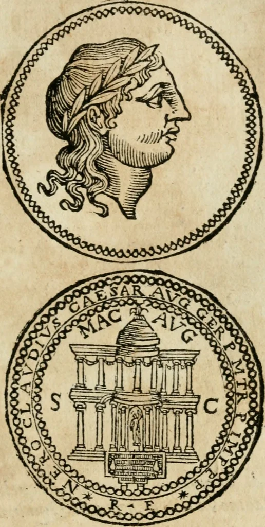 An illustration from Ritratto di Roma antica : nel qvale sono figvrati i principali tempij, theatri, anfiteatri, cerchi, naumachie, archi trionfali, curie, basiliche, colonne, ordine del trionfo, dignita militari, e ciuili, riti cerimonie, & altre cose notabili : aggiuntoui di nuouo le vite, & effigie de' primi rè di essa, e le grandezze dell'Imperio Romano, con l'esplicationi istoriche de' piu celebri antiquarij, 1654, leaf 106