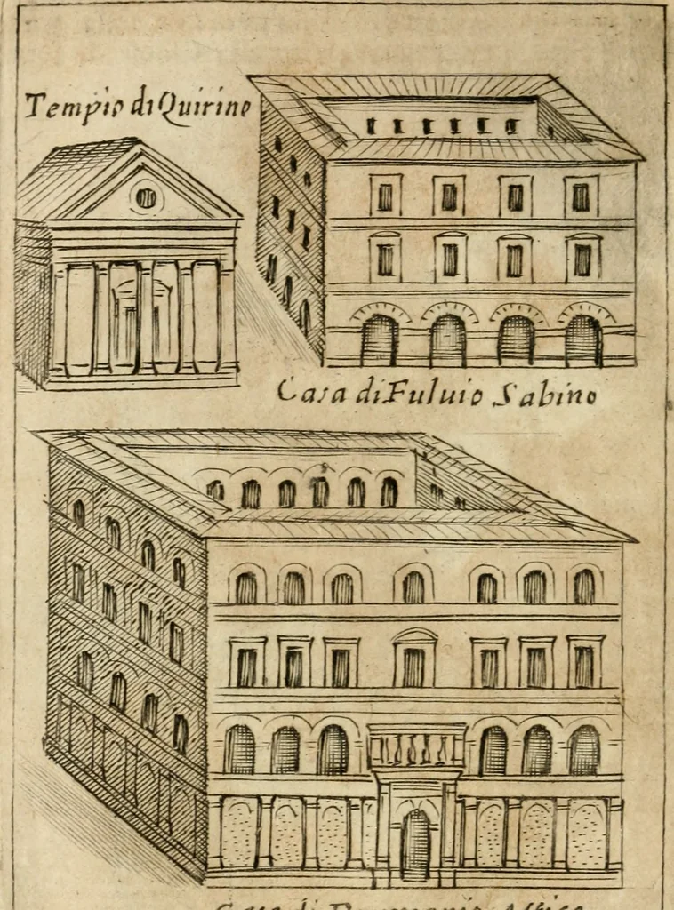 An illustration from Ritratto di Roma antica : nel qvale sono figvrati i principali tempij, theatri, anfiteatri, cerchi, naumachie, archi trionfali, curie, basiliche, colonne, ordine del trionfo, dignita militari, e ciuili, riti cerimonie, & altre cose notabili : aggiuntoui di nuouo le vite, & effigie de' primi rè di essa, e le grandezze dell'Imperio Romano, con l'esplicationi istoriche de' piu celebri antiquarij, 1654, leaf 107