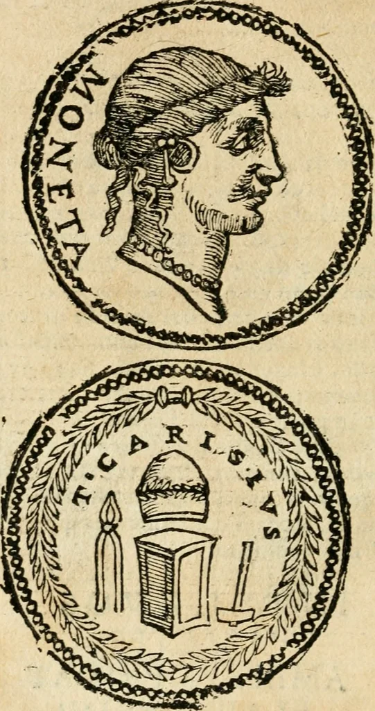 An illustration from Ritratto di Roma antica : nel qvale sono figvrati i principali tempij, theatri, anfiteatri, cerchi, naumachie, archi trionfali, curie, basiliche, colonne, ordine del trionfo, dignita militari, e ciuili, riti cerimonie, & altre cose notabili : aggiuntoui di nuouo le vite, & effigie de' primi rè di essa, e le grandezze dell'Imperio Romano, con l'esplicationi istoriche de' piu celebri antiquarij, 1654, leaf 109