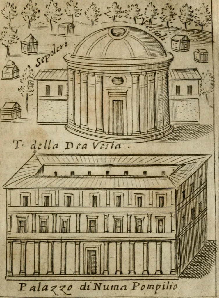 An illustration from Ritratto di Roma antica : nel qvale sono figvrati i principali tempij, theatri, anfiteatri, cerchi, naumachie, archi trionfali, curie, basiliche, colonne, ordine del trionfo, dignita militari, e ciuili, riti cerimonie, & altre cose notabili : aggiuntoui di nuouo le vite, & effigie de' primi rè di essa, e le grandezze dell'Imperio Romano, con l'esplicationi istoriche de' piu celebri antiquarij, 1654, leaf 110