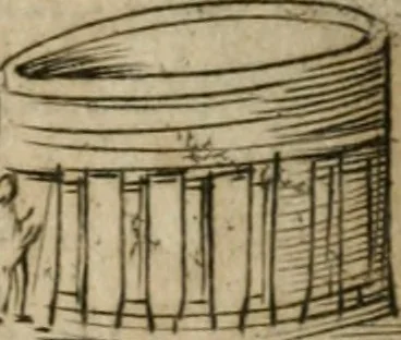 An illustration from Ritratto di Roma antica : nel qvale sono figvrati i principali tempij, theatri, anfiteatri, cerchi, naumachie, archi trionfali, curie, basiliche, colonne, ordine del trionfo, dignita militari, e ciuili, riti cerimonie, & altre cose notabili : aggiuntoui di nuouo le vite, & effigie de' primi rè di essa, e le grandezze dell'Imperio Romano, con l'esplicationi istoriche de' piu celebri antiquarij, 1654, leaf 112