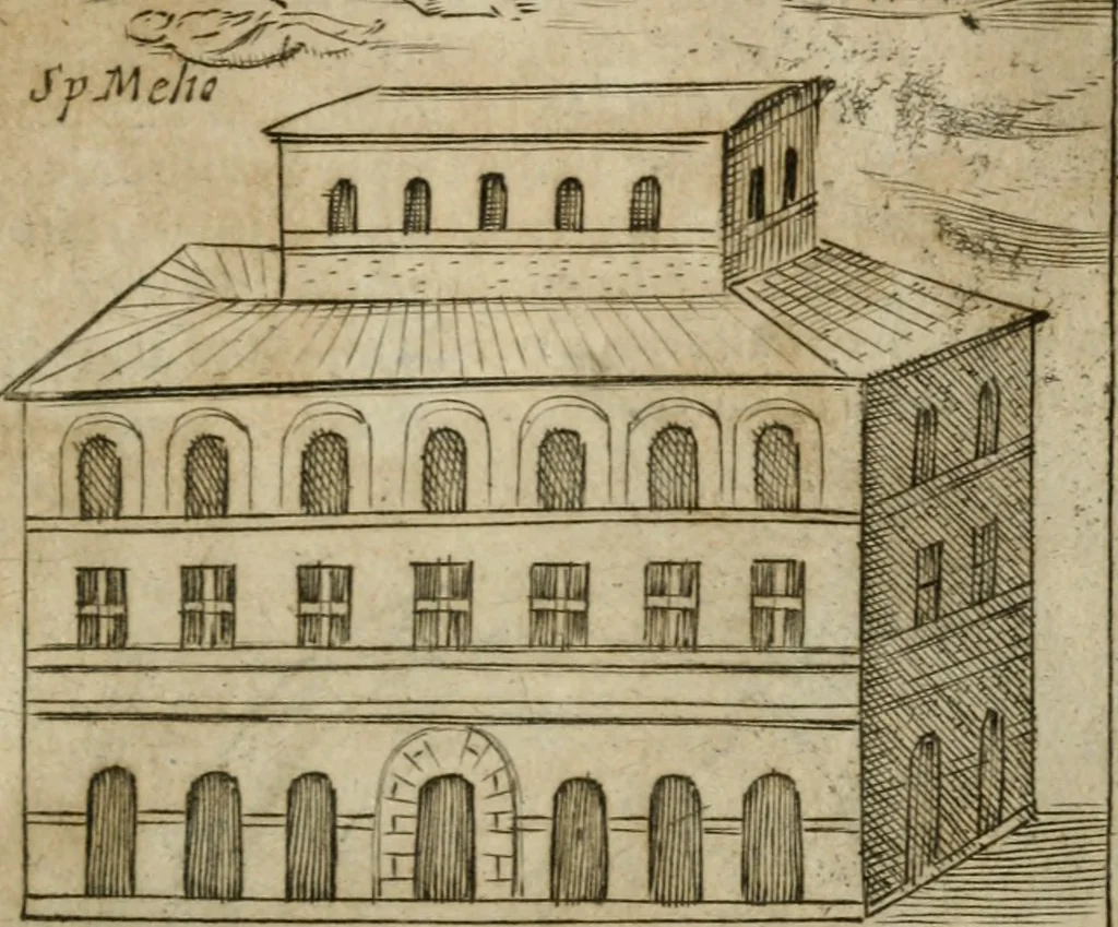 An illustration from Ritratto di Roma antica : nel qvale sono figvrati i principali tempij, theatri, anfiteatri, cerchi, naumachie, archi trionfali, curie, basiliche, colonne, ordine del trionfo, dignita militari, e ciuili, riti cerimonie, & altre cose notabili : aggiuntoui di nuouo le vite, & effigie de' primi rè di essa, e le grandezze dell'Imperio Romano, con l'esplicationi istoriche de' piu celebri antiquarij, 1654, leaf 112