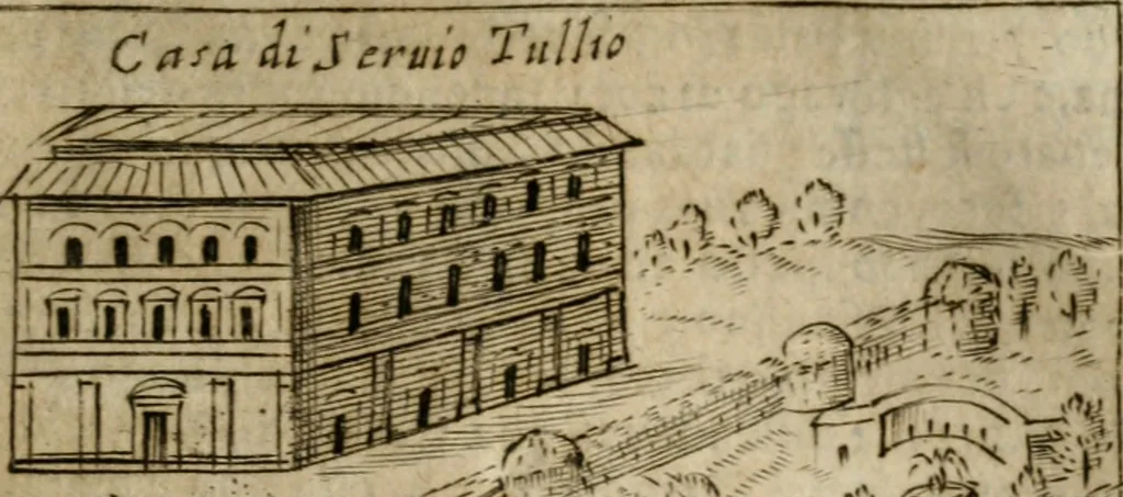 An illustration from Ritratto di Roma antica : nel qvale sono figvrati i principali tempij, theatri, anfiteatri, cerchi, naumachie, archi trionfali, curie, basiliche, colonne, ordine del trionfo, dignita militari, e ciuili, riti cerimonie, & altre cose notabili : aggiuntoui di nuouo le vite, & effigie de' primi rè di essa, e le grandezze dell'Imperio Romano, con l'esplicationi istoriche de' piu celebri antiquarij, 1654, leaf 114