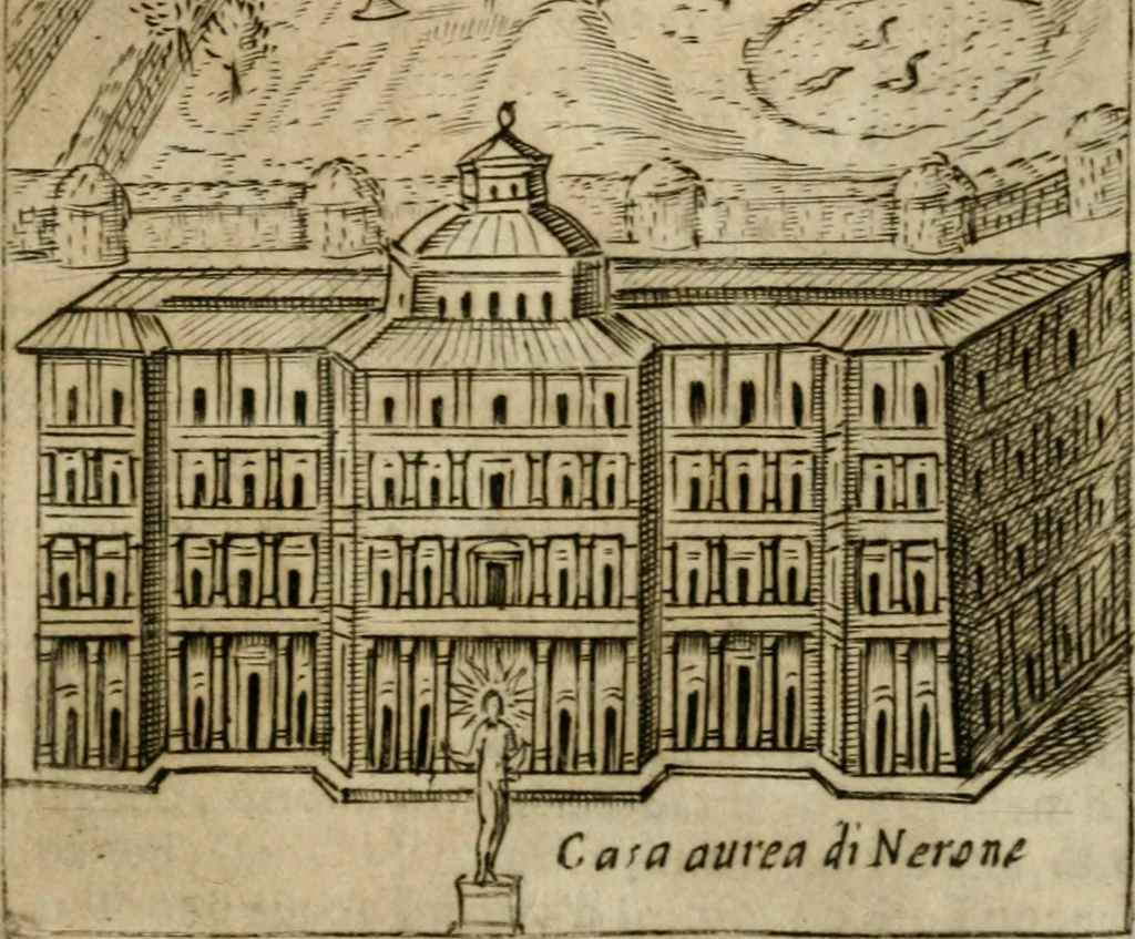 An illustration from Ritratto di Roma antica : nel qvale sono figvrati i principali tempij, theatri, anfiteatri, cerchi, naumachie, archi trionfali, curie, basiliche, colonne, ordine del trionfo, dignita militari, e ciuili, riti cerimonie, & altre cose notabili : aggiuntoui di nuouo le vite, & effigie de' primi rè di essa, e le grandezze dell'Imperio Romano, con l'esplicationi istoriche de' piu celebri antiquarij, 1654, leaf 114