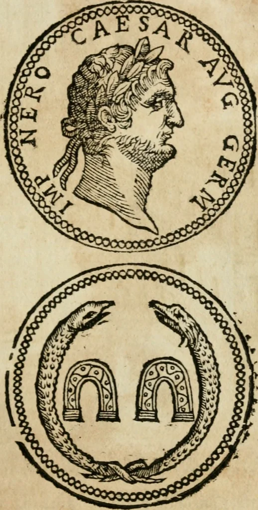 An illustration from Ritratto di Roma antica : nel qvale sono figvrati i principali tempij, theatri, anfiteatri, cerchi, naumachie, archi trionfali, curie, basiliche, colonne, ordine del trionfo, dignita militari, e ciuili, riti cerimonie, & altre cose notabili : aggiuntoui di nuouo le vite, & effigie de' primi rè di essa, e le grandezze dell'Imperio Romano, con l'esplicationi istoriche de' piu celebri antiquarij, 1654, leaf 116